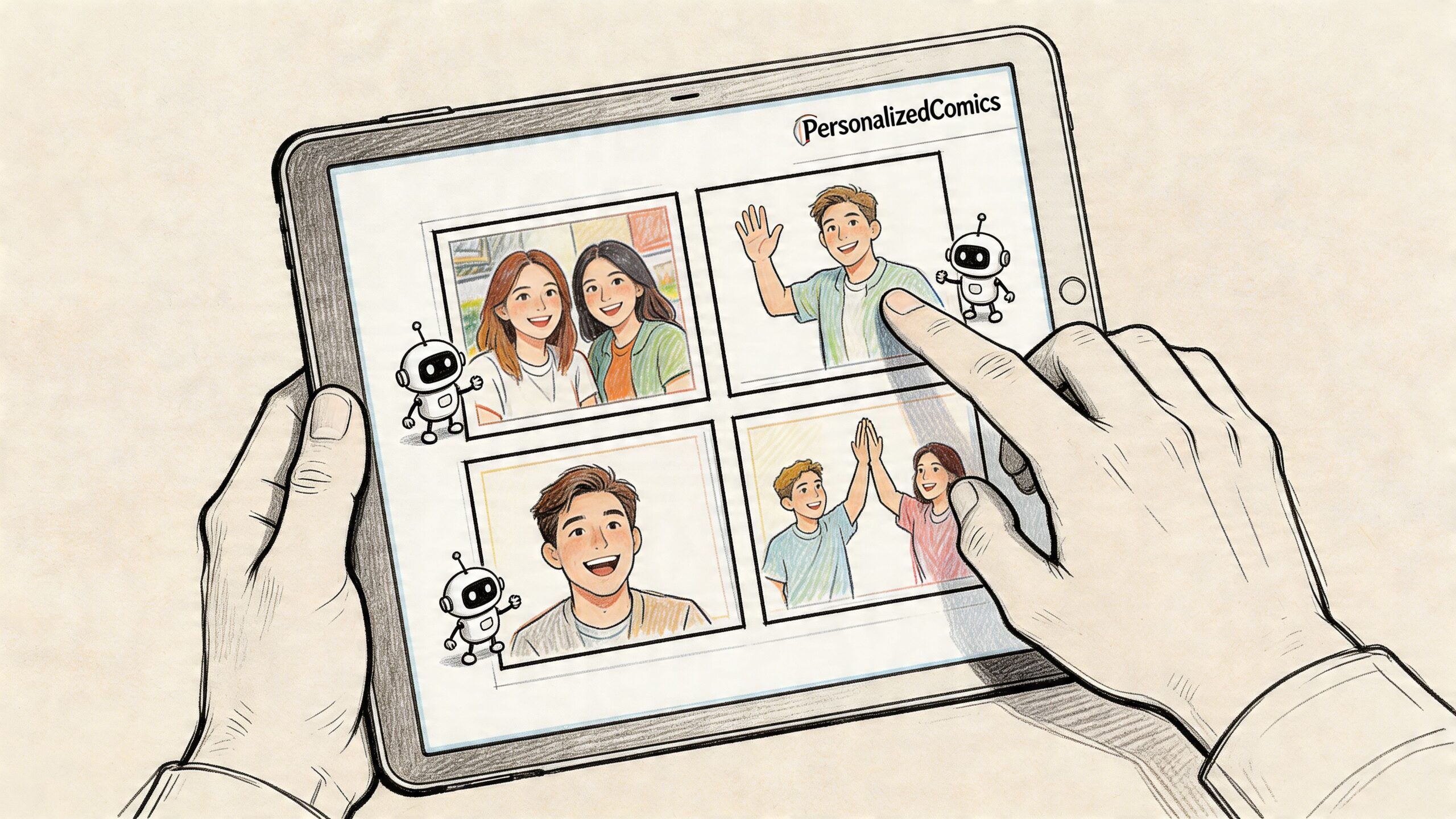 A person using a tablet to create or browse personalized comic strips featuring friends and digital robots.