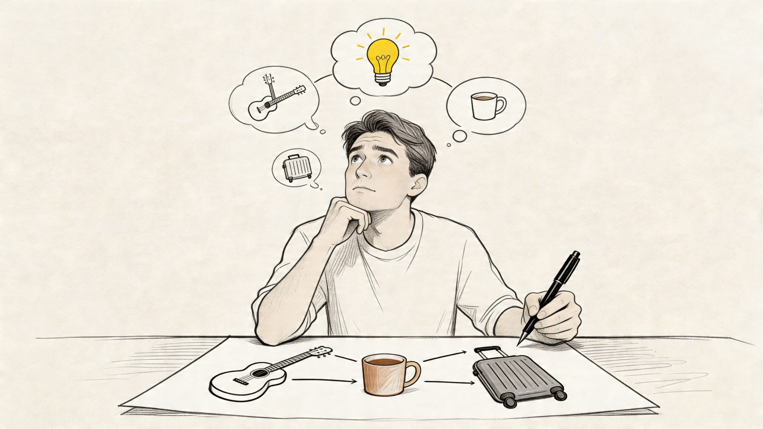 A thoughtful young man sketching ideas about music, travel, and coffee while planning creative gift concepts.