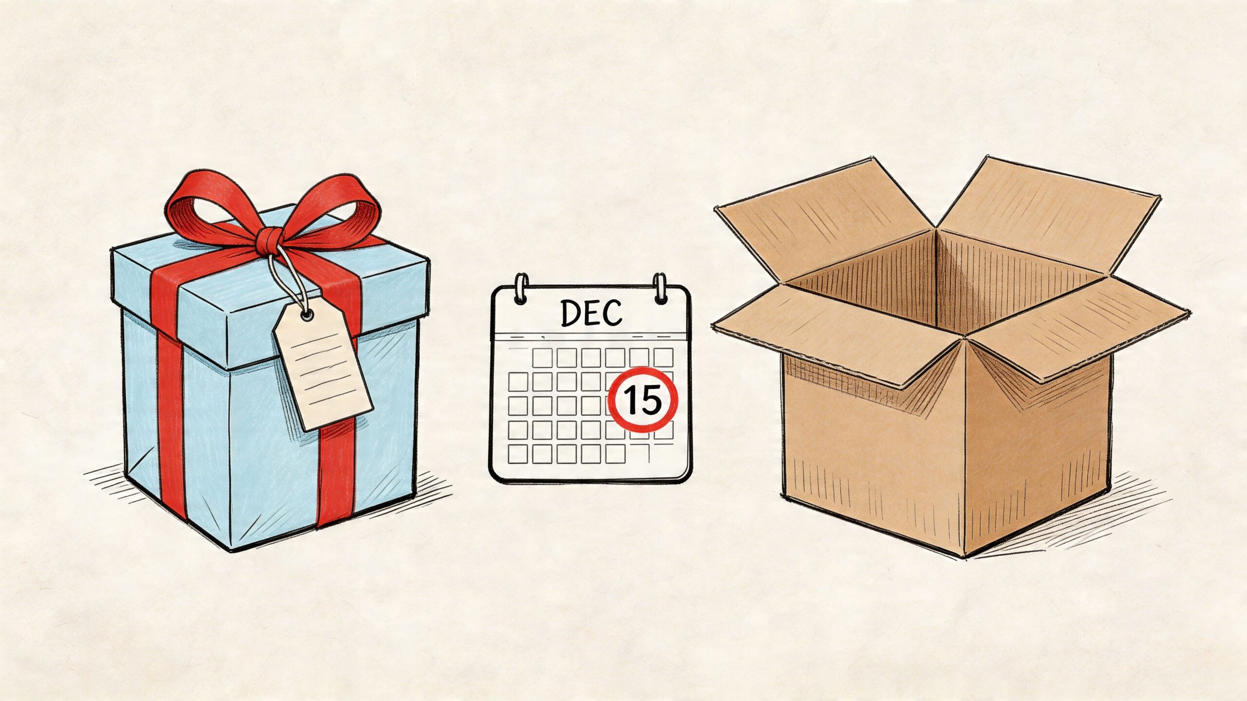 A wrapped blue gift box next to a December calendar marked on the fifteenth and an open box.