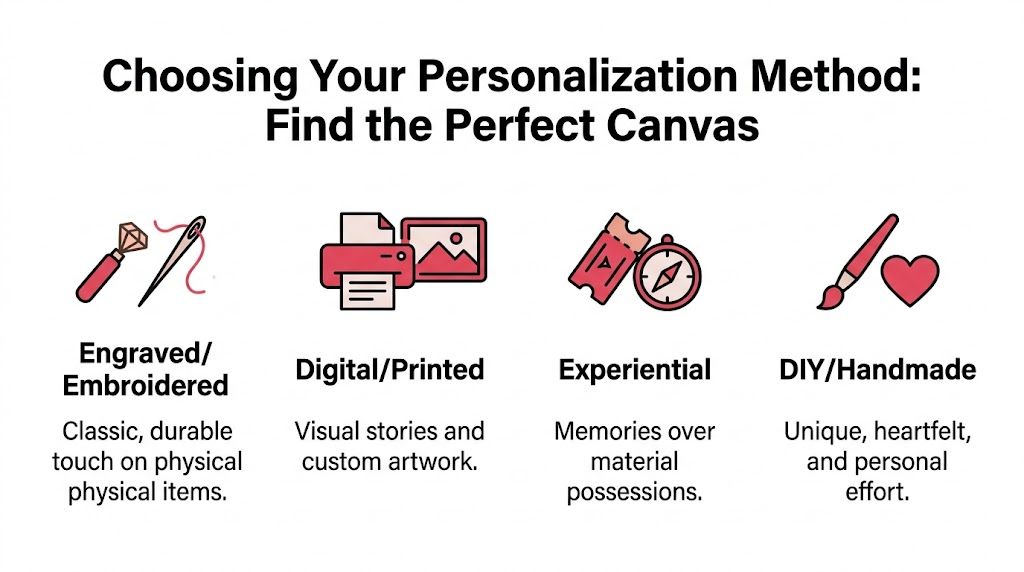 A graphic illustration explaining four types of personalization methods for gifts including engraved, digital, experiential, and handmade.