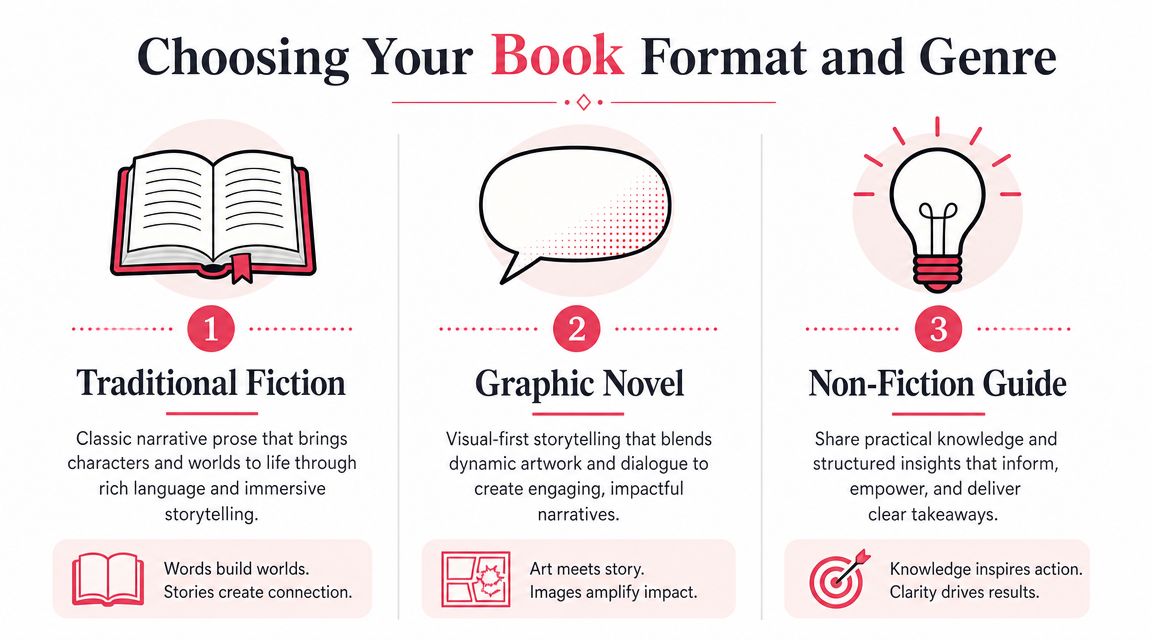 A graphic illustration explaining how to choose between traditional fiction, graphic novels, or non-fiction book formats.