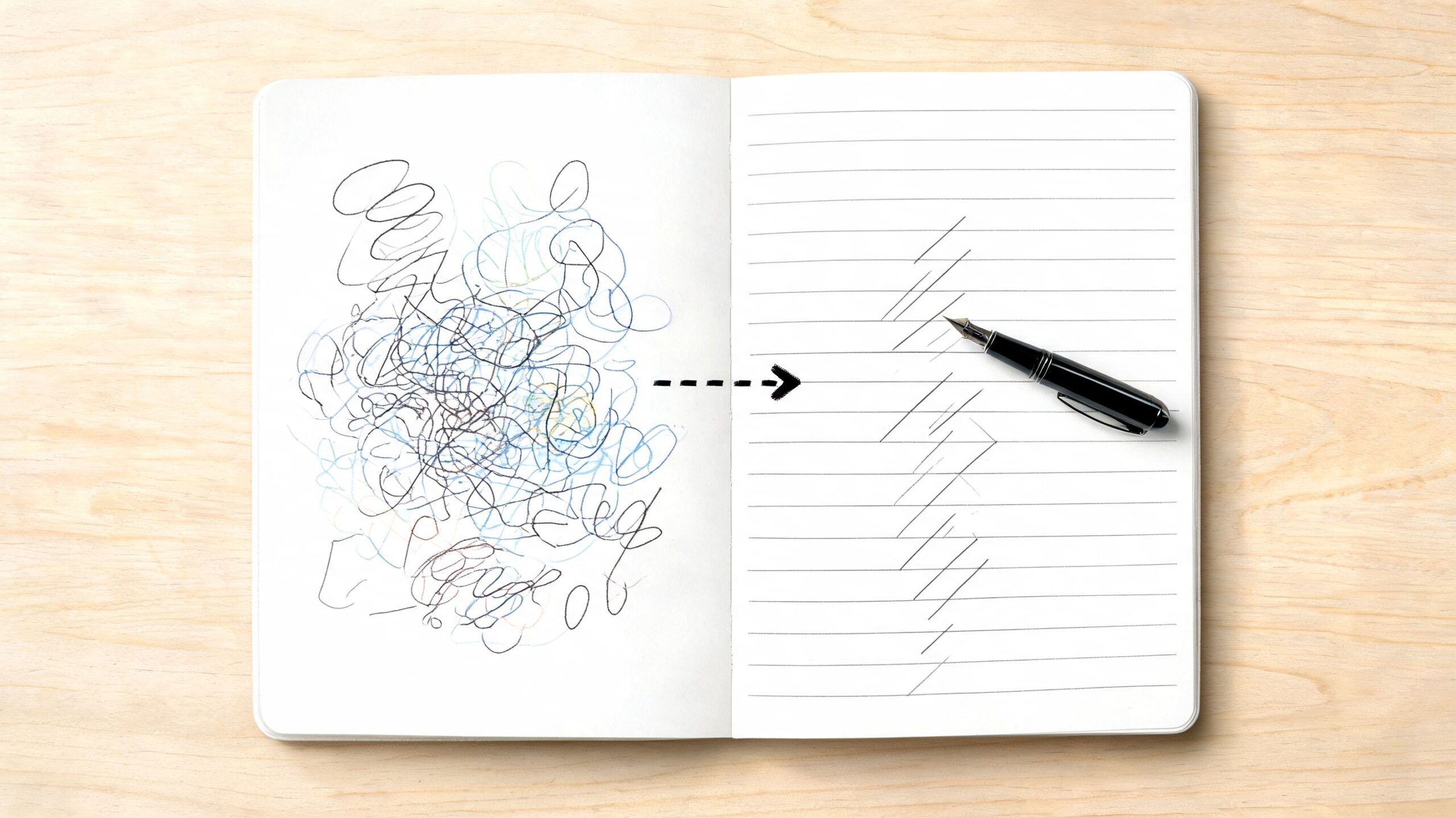An open notebook showing a chaotic scribble on the left and organized lines on the right side.