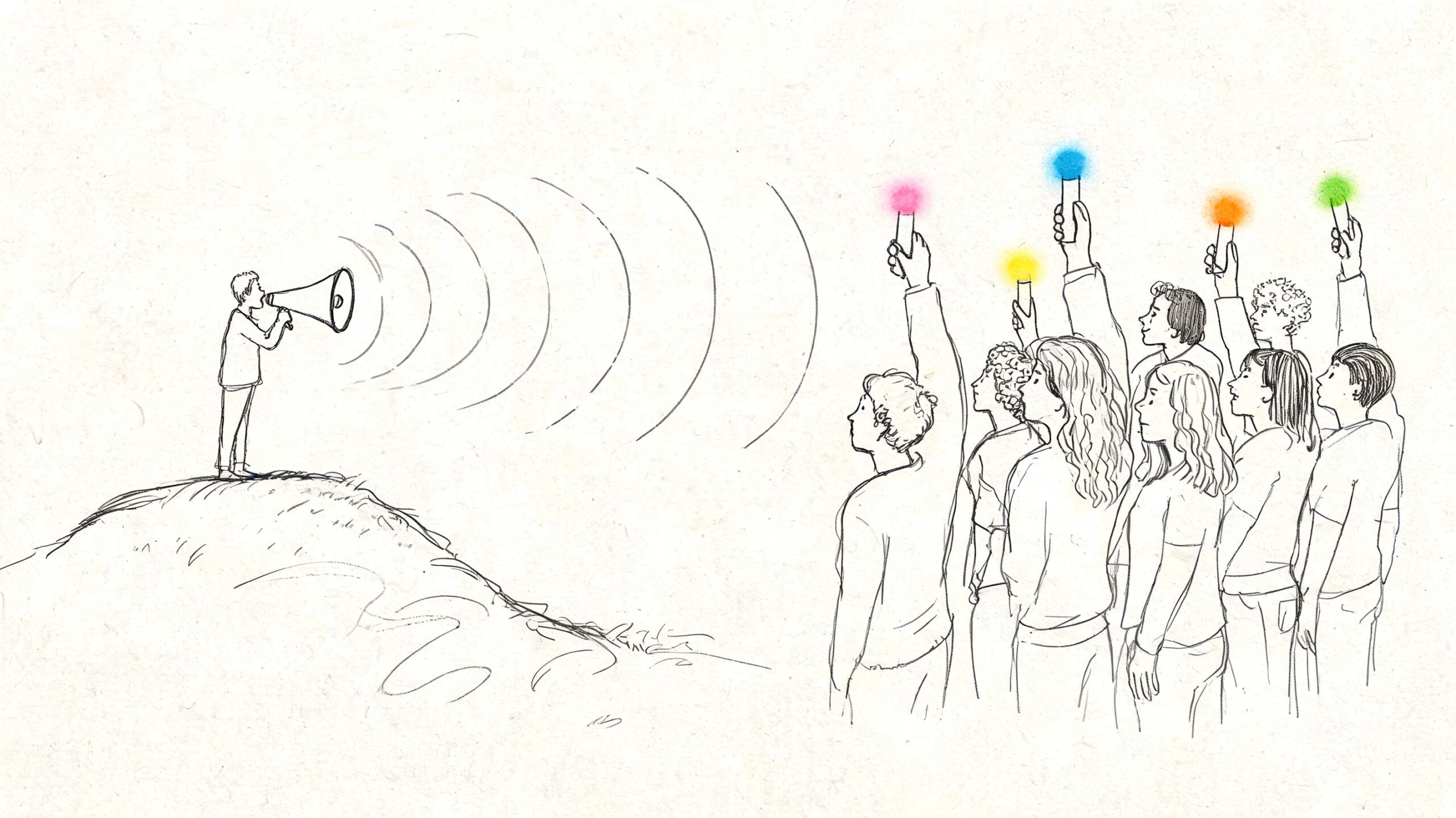 A person on a hill speaks through a megaphone to a group of people holding glowing lights.