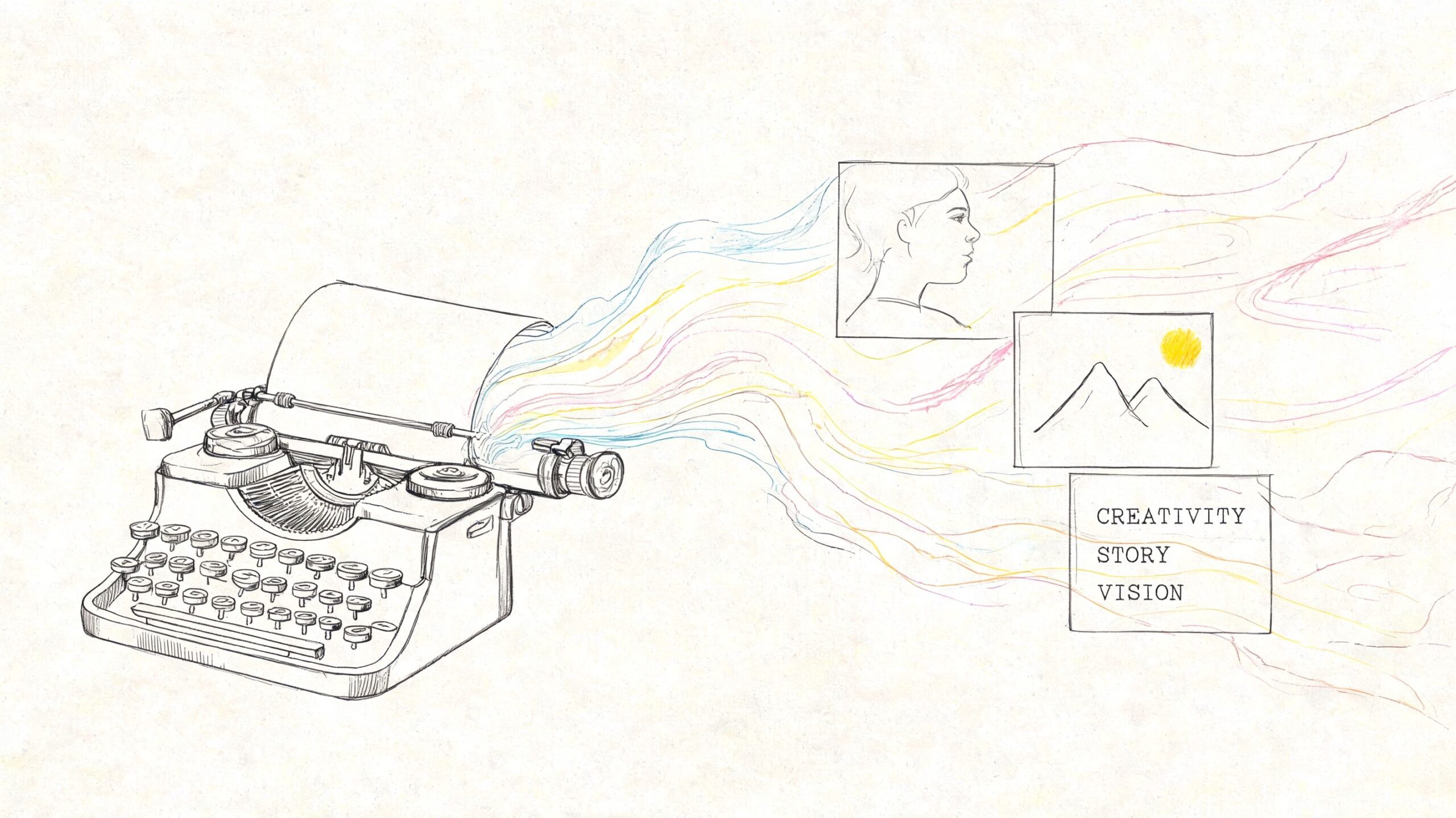 A line drawing of a vintage typewriter with colorful streams of light emanating from the paper.