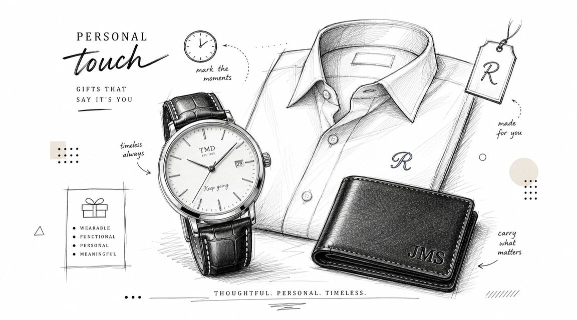 A sketched illustration featuring a wristwatch, a button-down shirt with initials, and a leather wallet for personalized gifts.