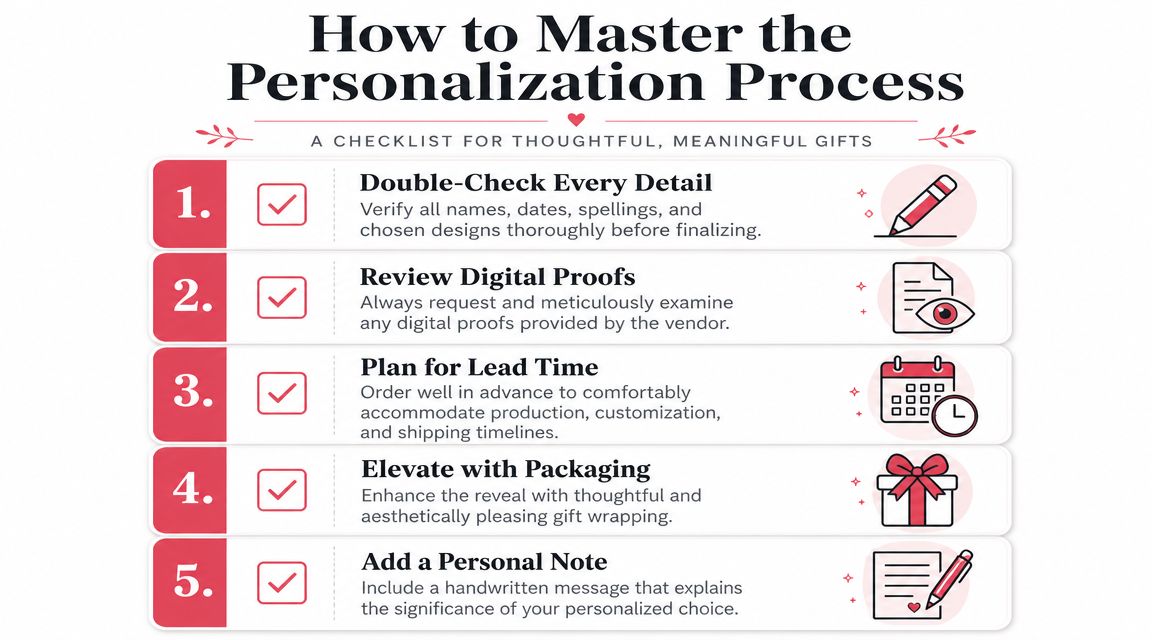A five-step checklist infographic on how to master the personalization process for creating thoughtful and meaningful gifts.