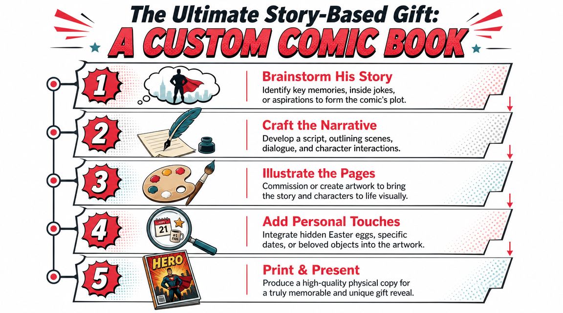 A five-step infographic showing how to create a custom comic book as a personalized gift for him.