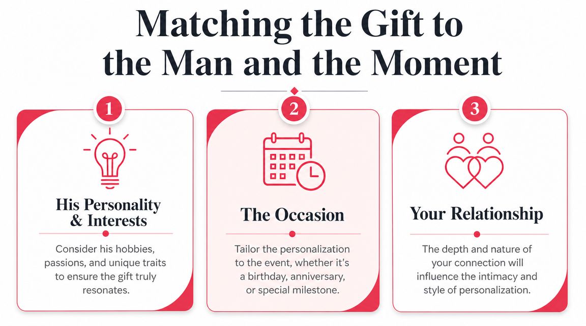 A graphic with three numbered points on how to choose personalized gifts for men based on personality, occasion, and relationship.