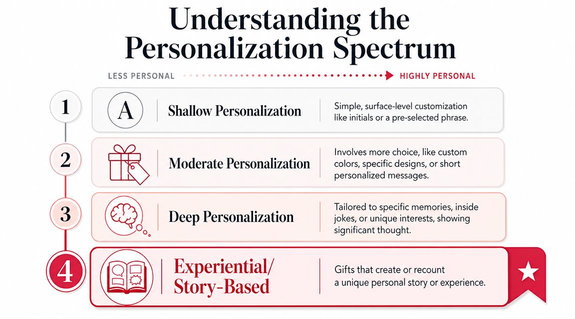 A four-level personalization spectrum chart showing the progression from simple customization to experiential, story-based gifts.