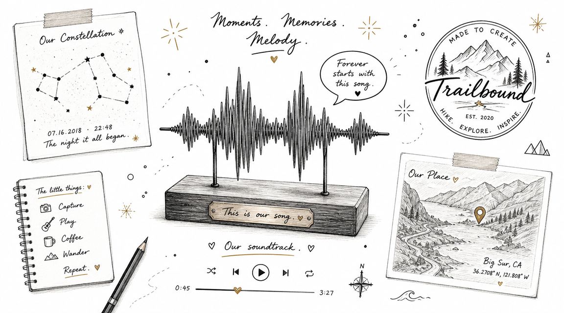 A hand-drawn illustration depicting personalized relationship gifts, including sound wave art, star maps, and location photographs.