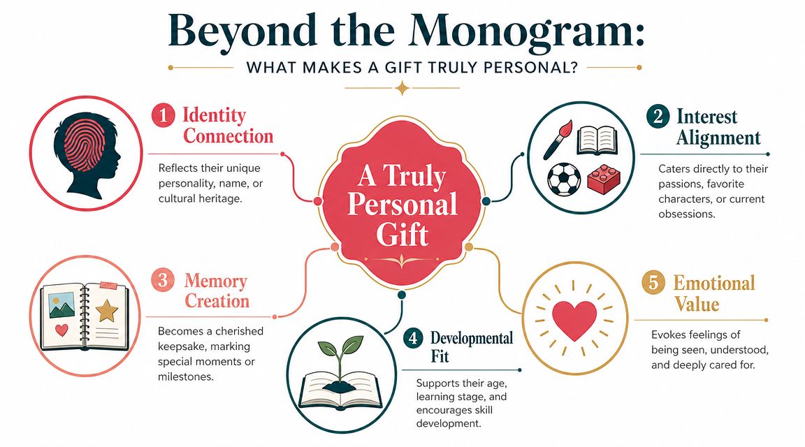 A colorful infographic explaining the five key factors that make a gift truly personal for children.
