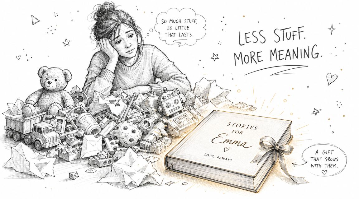 A woman looks at a messy pile of toys, contrasting them with a meaningful personalized storybook gift.