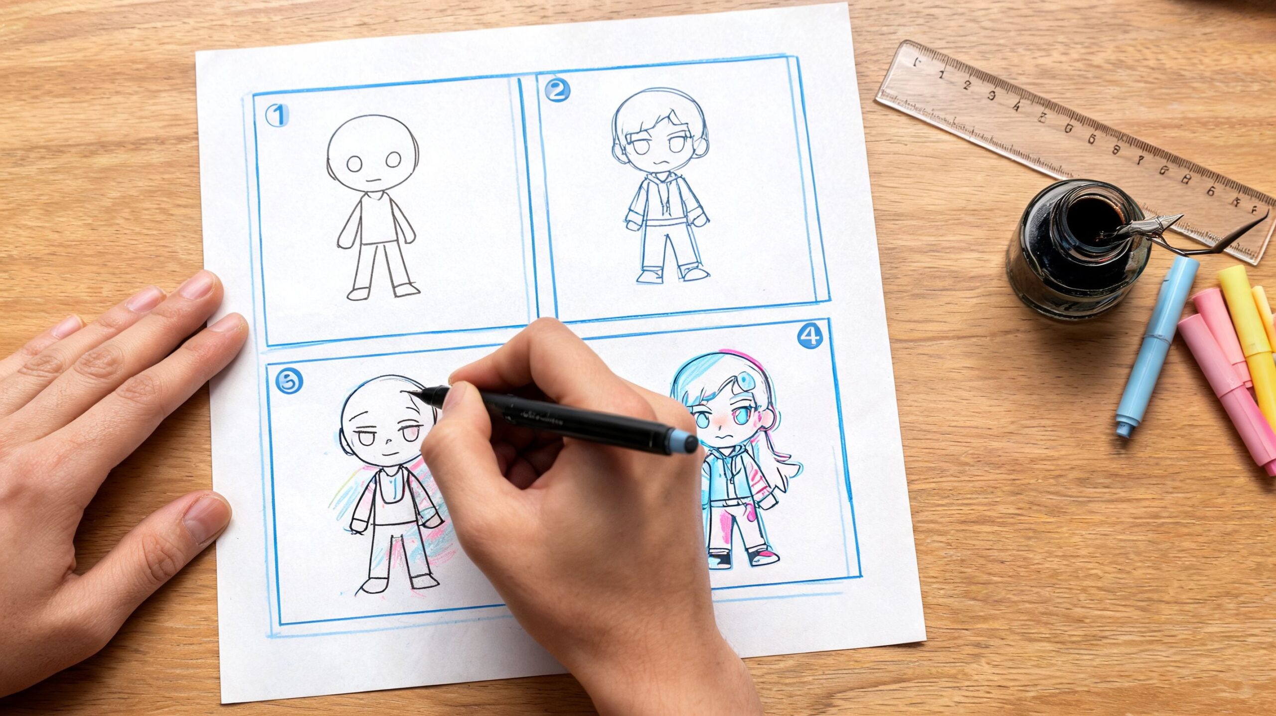 Artist drawing a cartoon character on paper showing a step-by-step guide to illustrating manga figures.