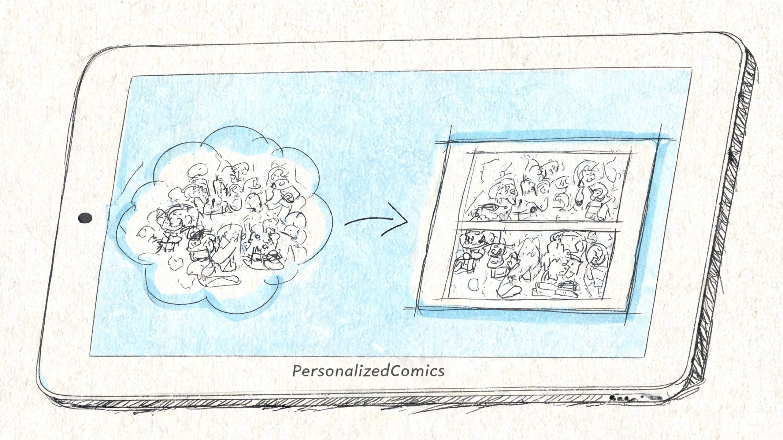 A pencil sketch on a tablet screen showing an idea transforming into a comic book strip.