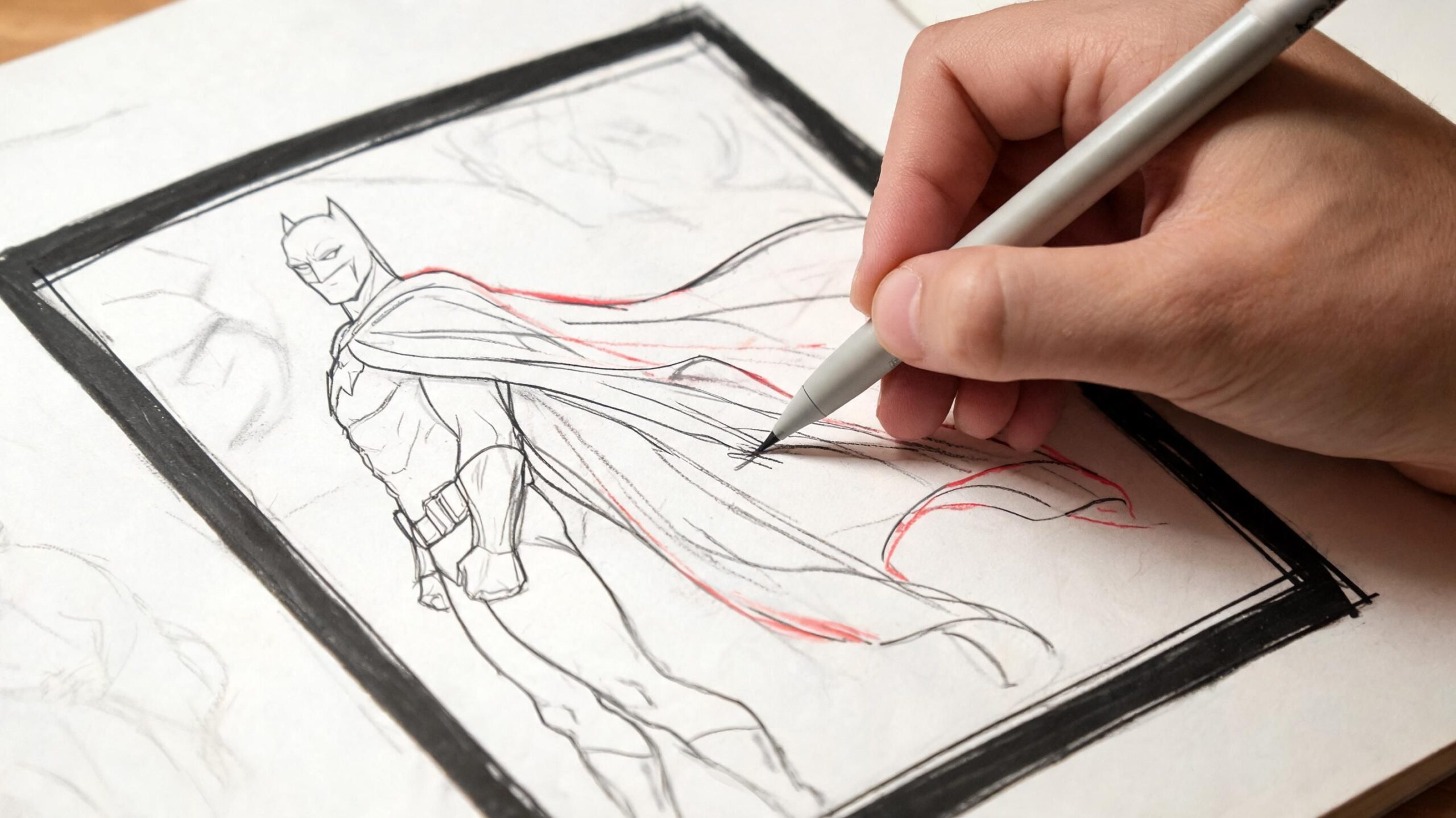 A hand sketching a detailed drawing of Batman in a cape on a white paper.