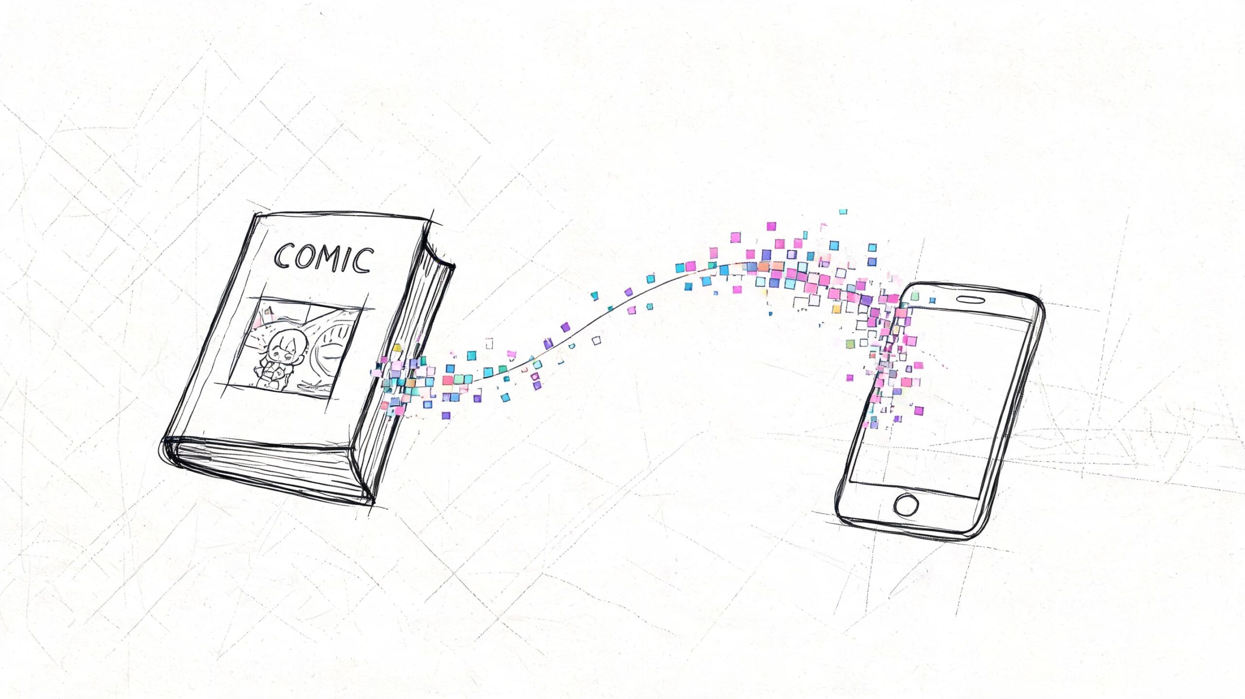 A digital illustration of a comic book transforming into colorful pixels as it enters a smartphone.