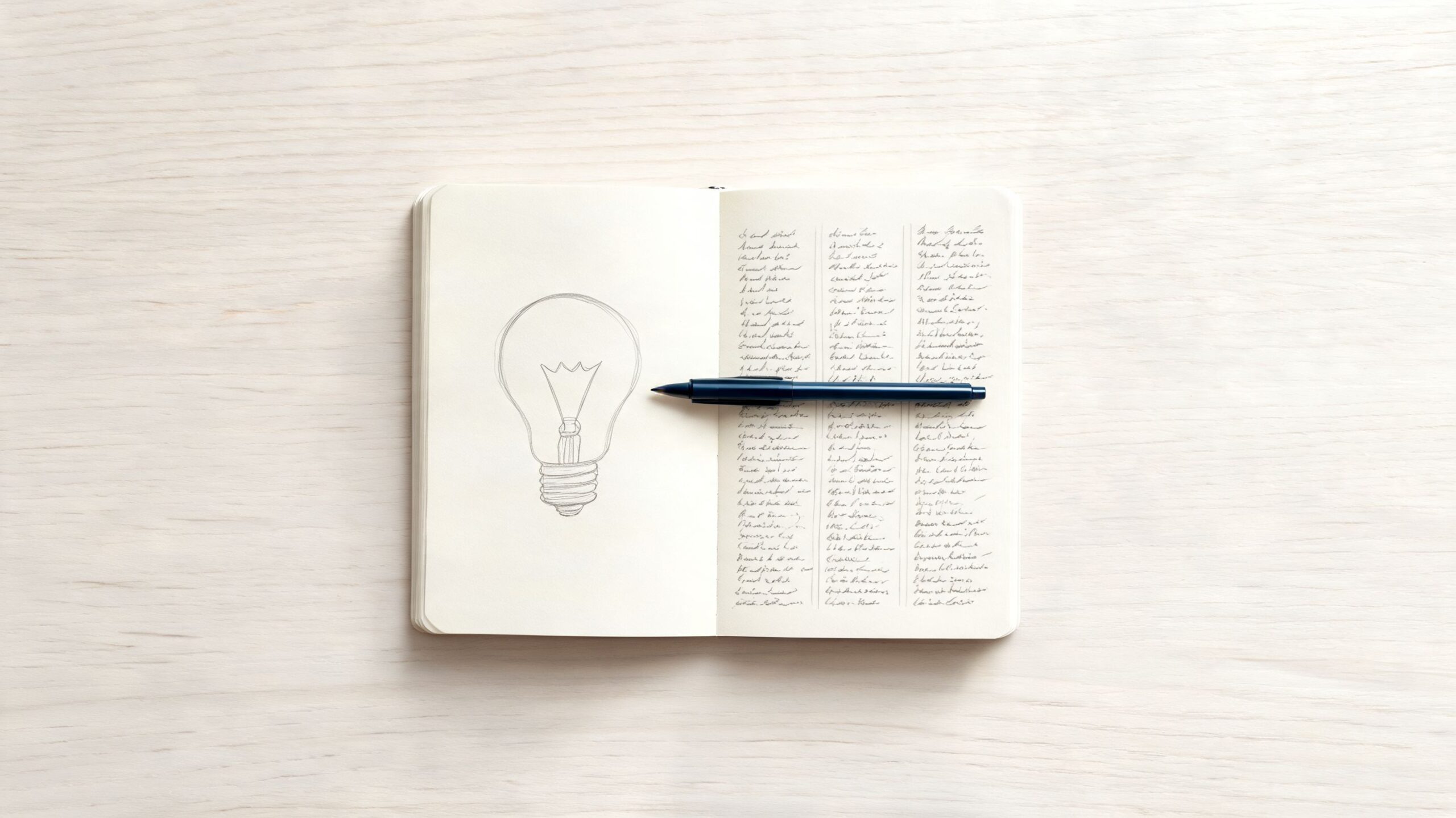 An open notebook with a lightbulb drawing and handwritten notes sits on a light wooden table surface.