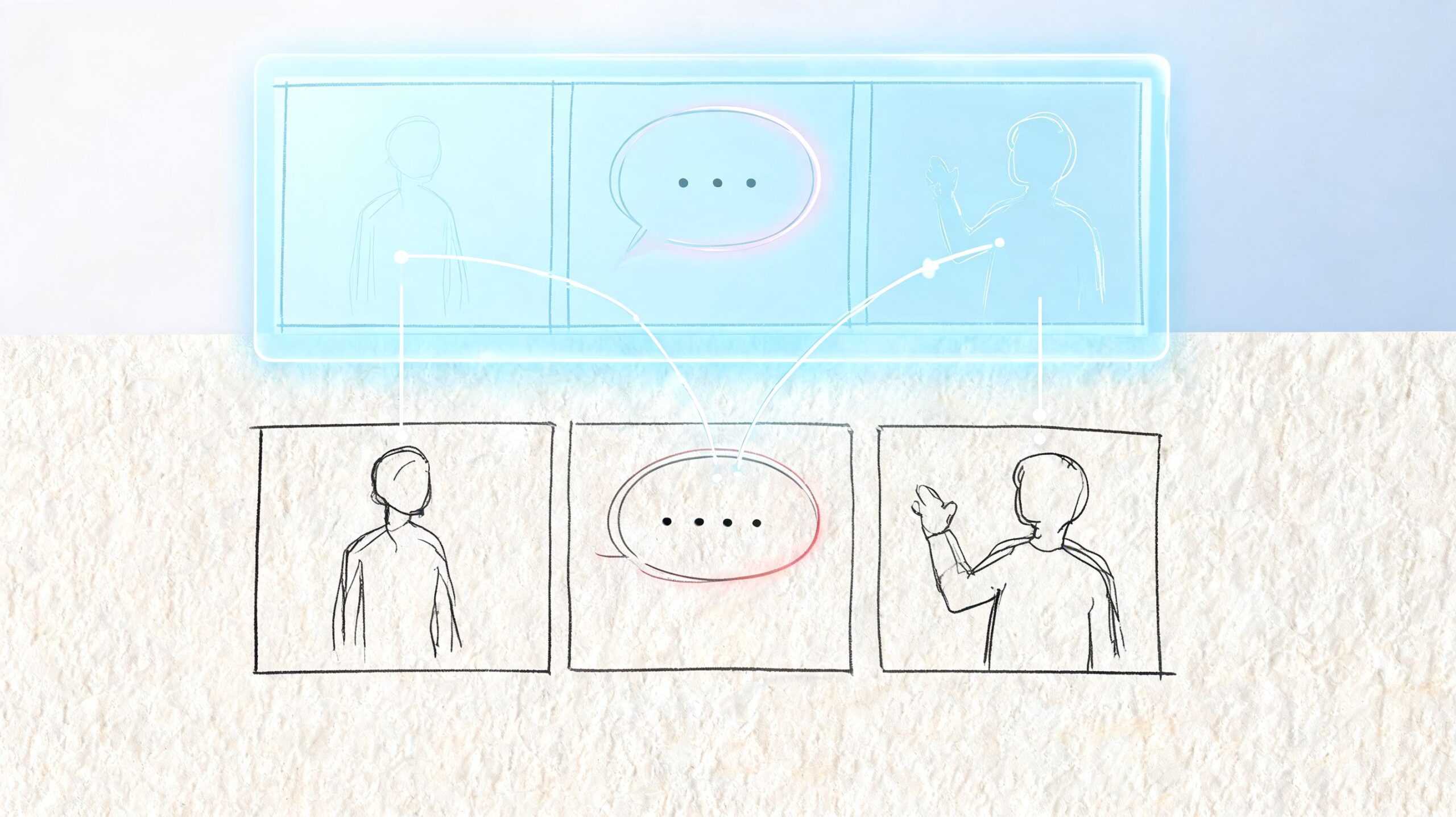 A digital illustration showing a storyboard connection between character sketches and speech bubbles in a comic style.