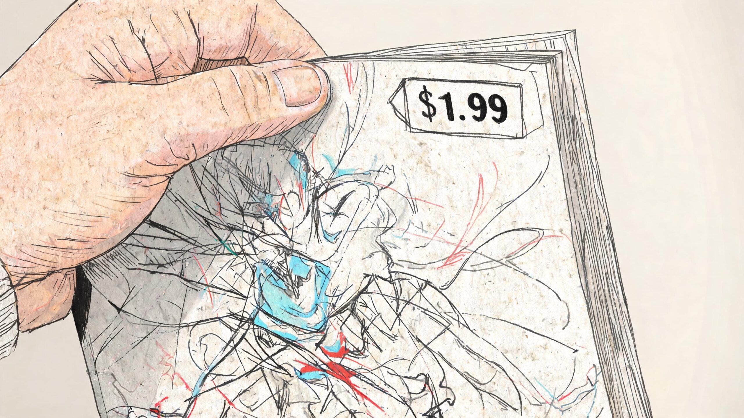 A hand holds an illustrated comic book cover with an abstract sketch and a price tag of $1.99.