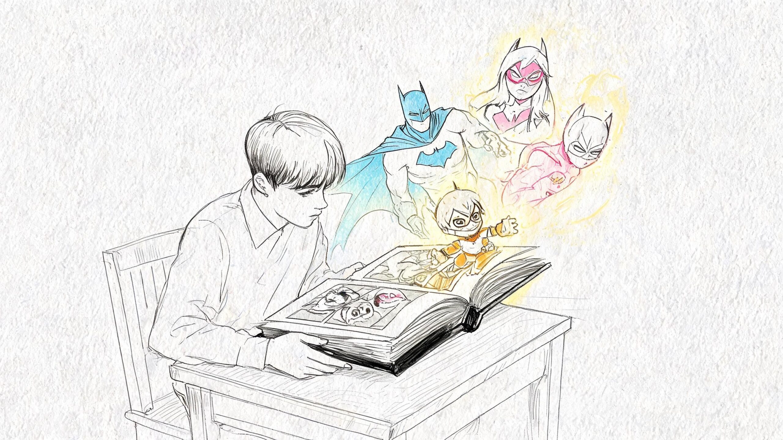 A young person sits at a desk reading a book with superhero illustrations popping out of it.