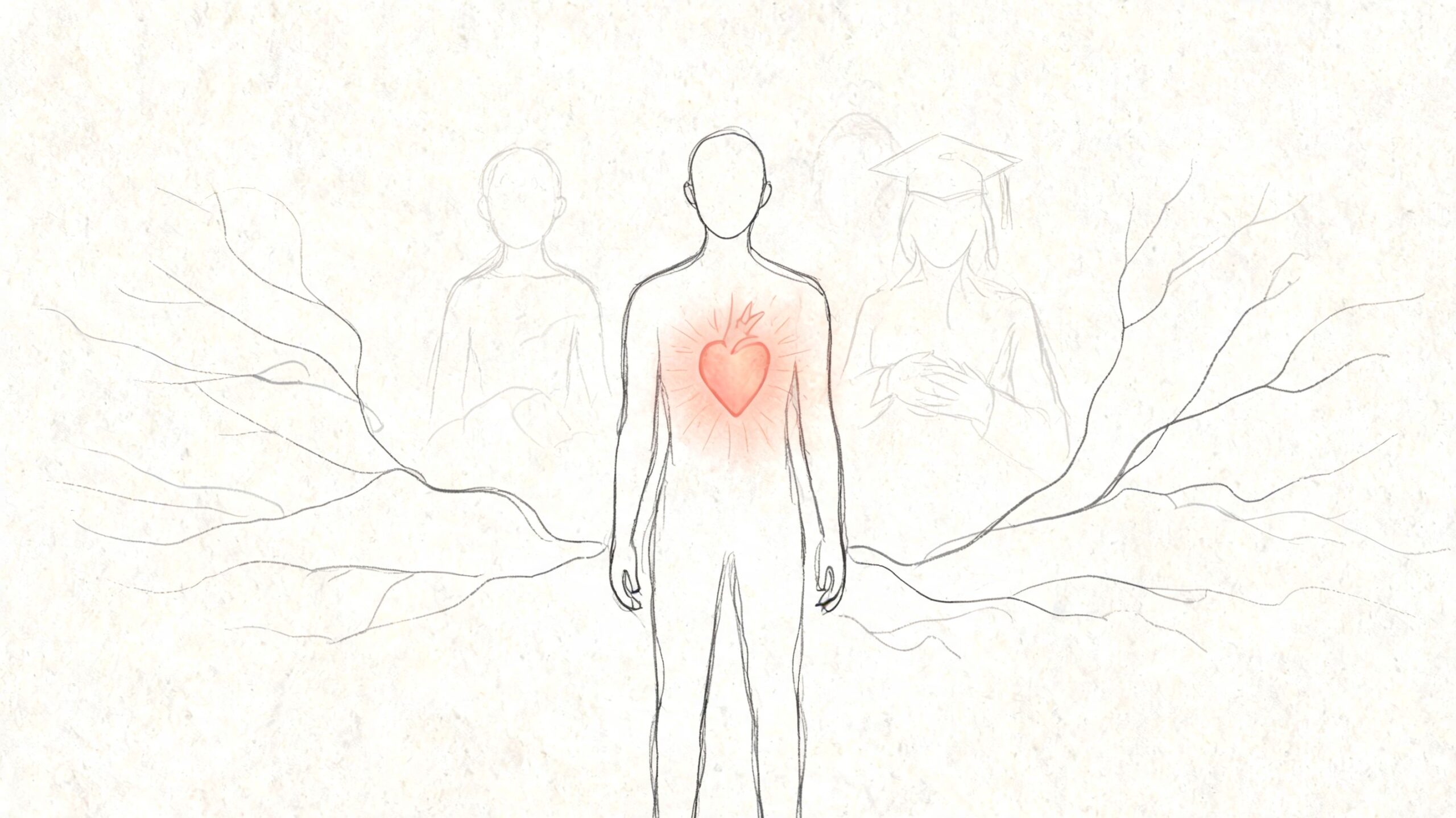 A minimalist sketch of a person with a glowing heart, flanked by two faint figures in the background.