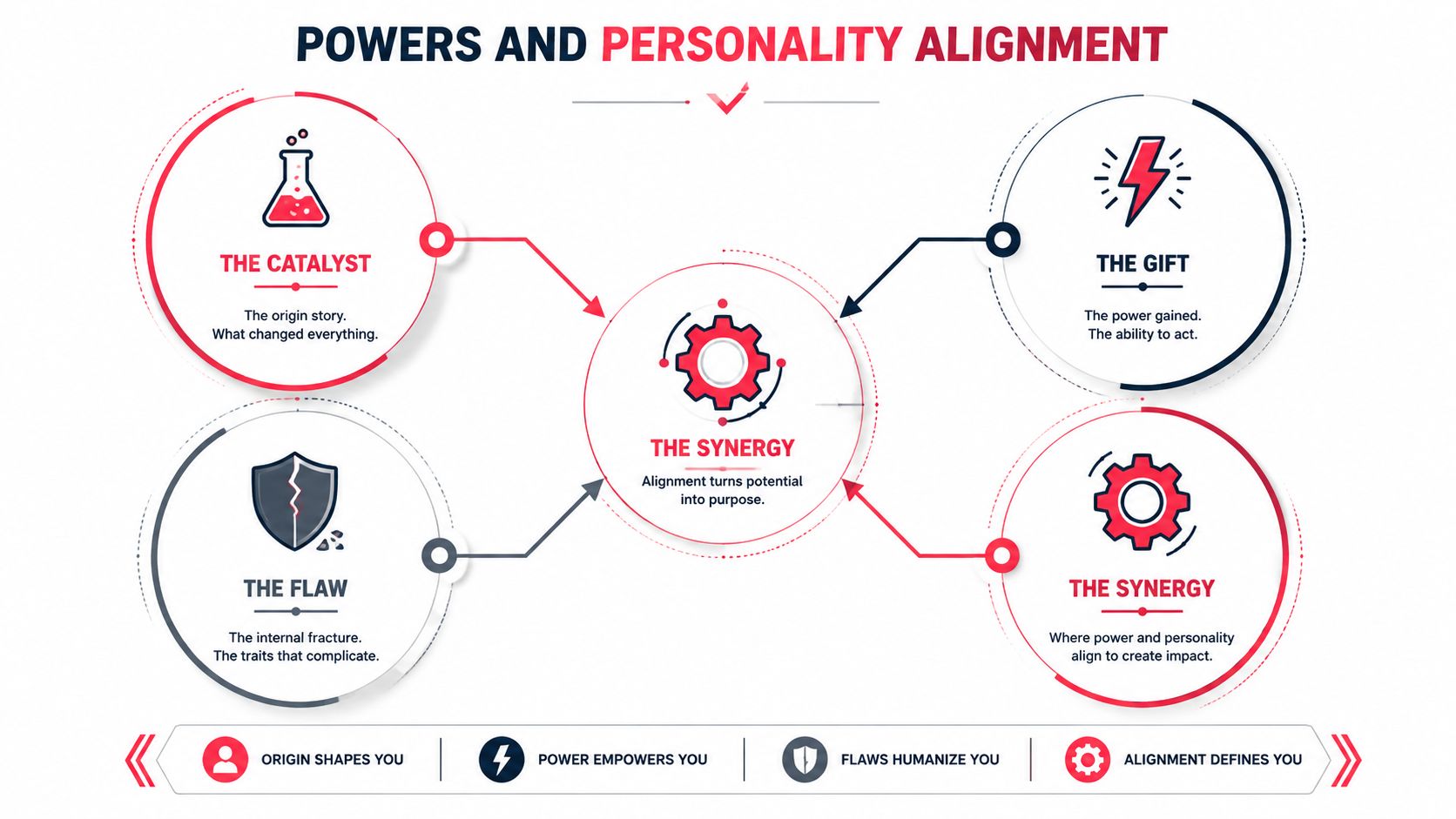 A diagram illustrating the connection between origin, power, flaws, and synergy in character development.