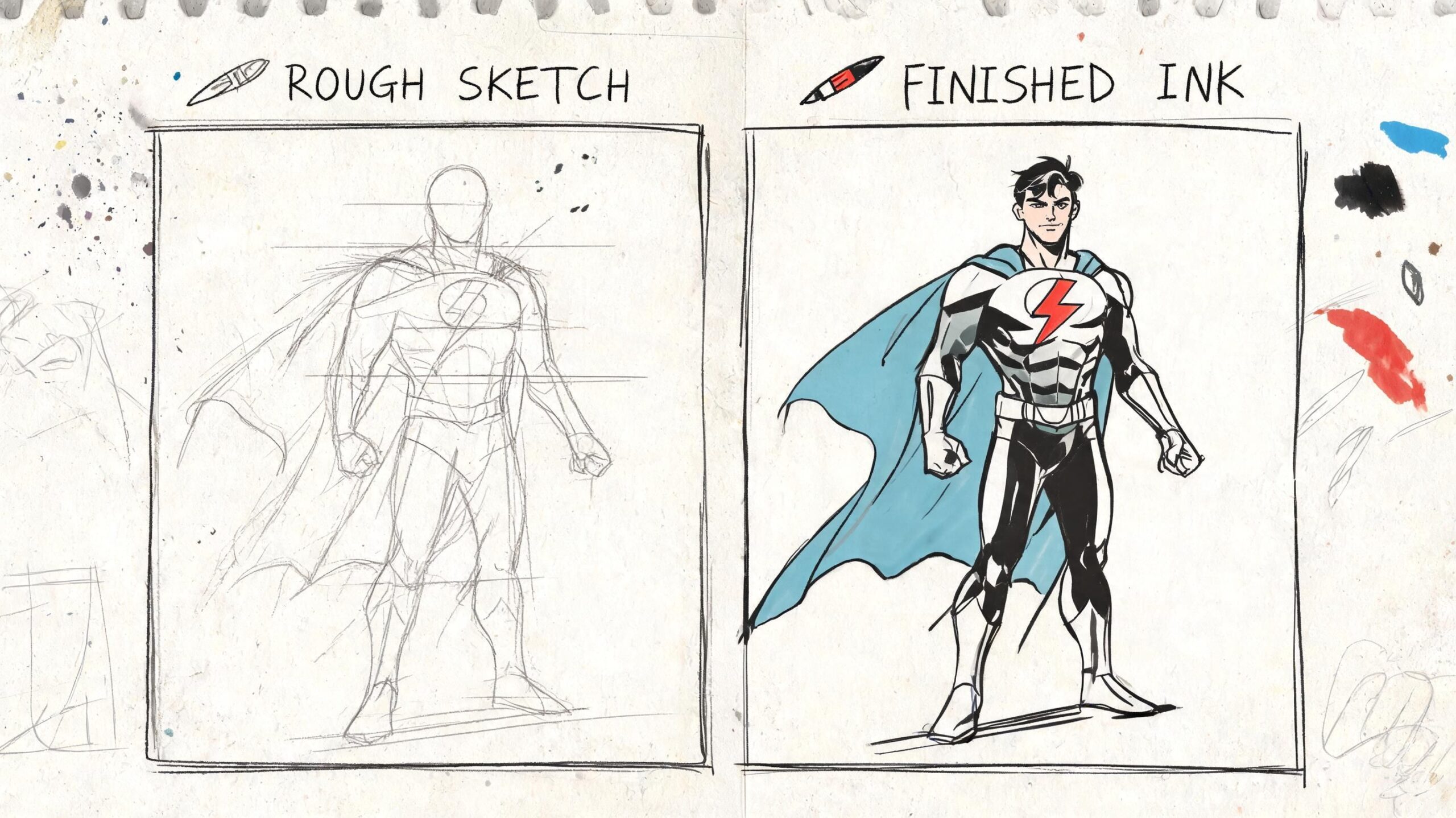 A split image showing a rough pencil sketch and the final inked superhero character design.