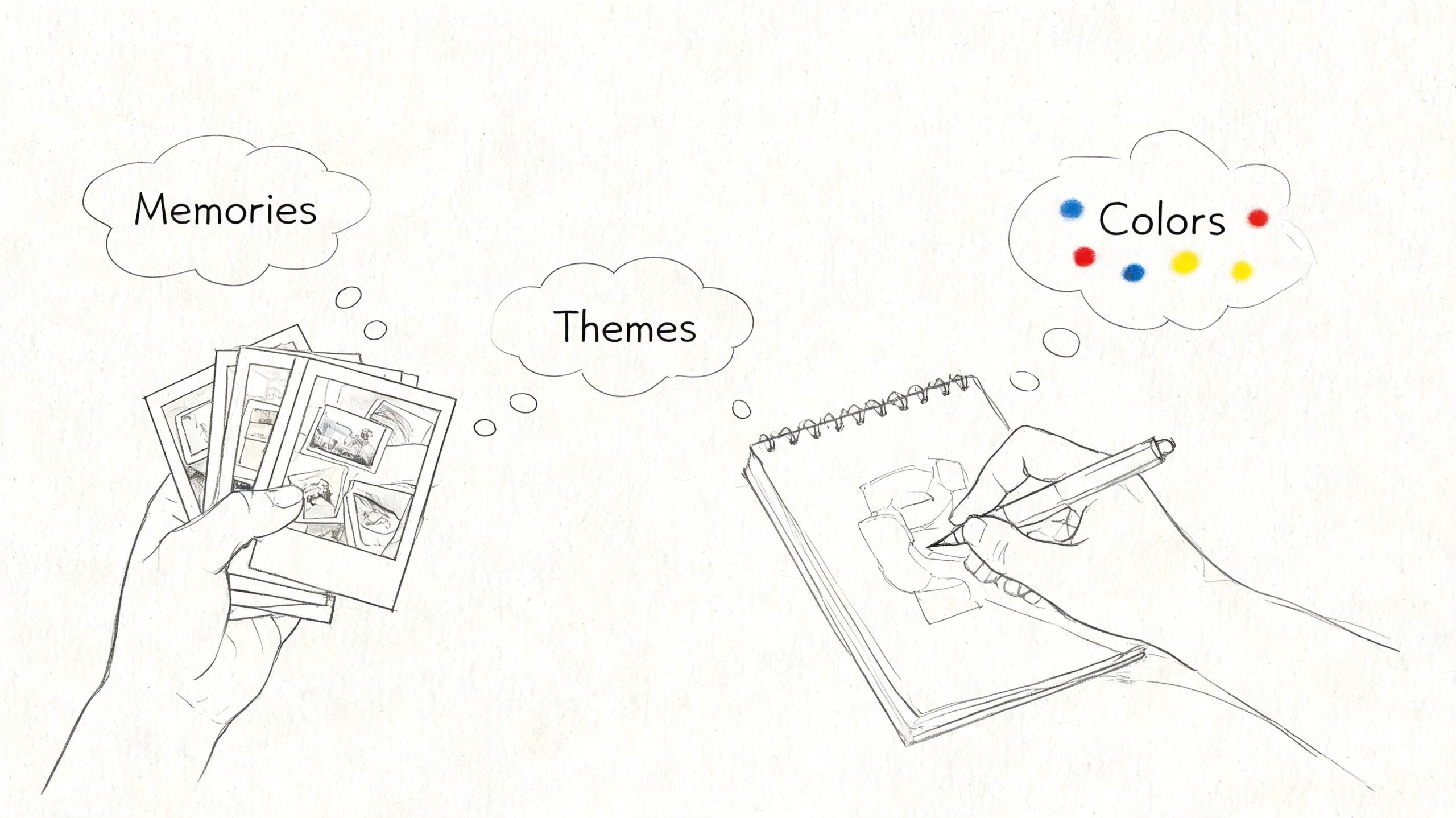 A hand holding Polaroid photos as another hand sketches in a notebook, symbolizing creative artistic memory processes.