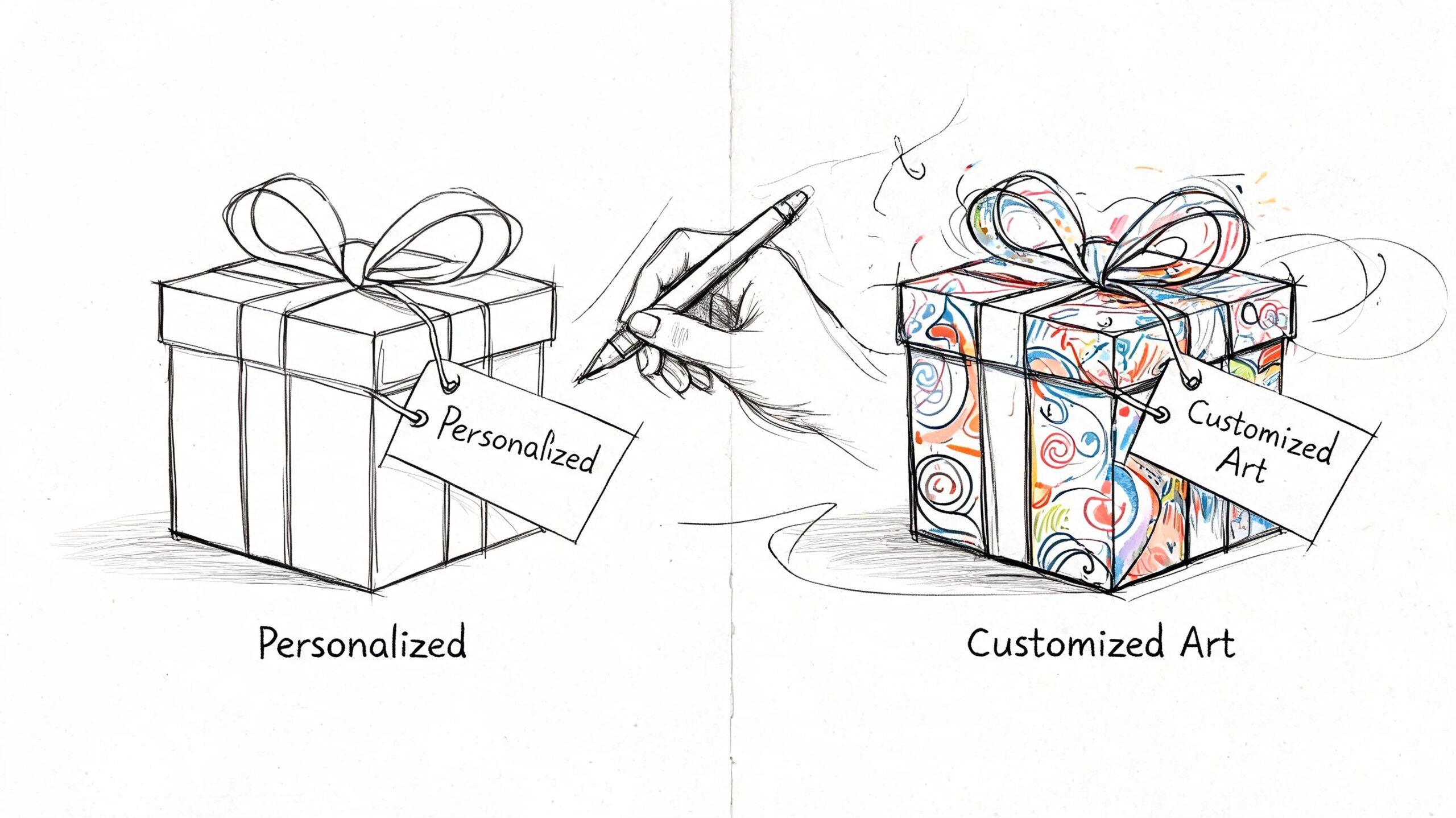A line drawing comparison showing a plain gift box labeled Personalized next to a colorful artistic gift box.