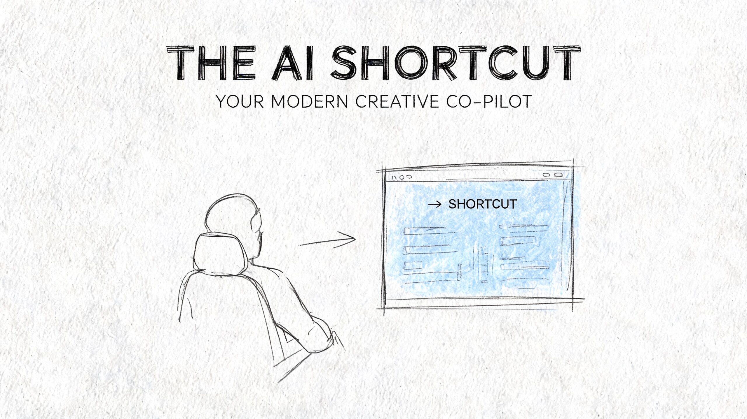 A pencil sketch of a person looking at a digital interface labeled as an AI shortcut.