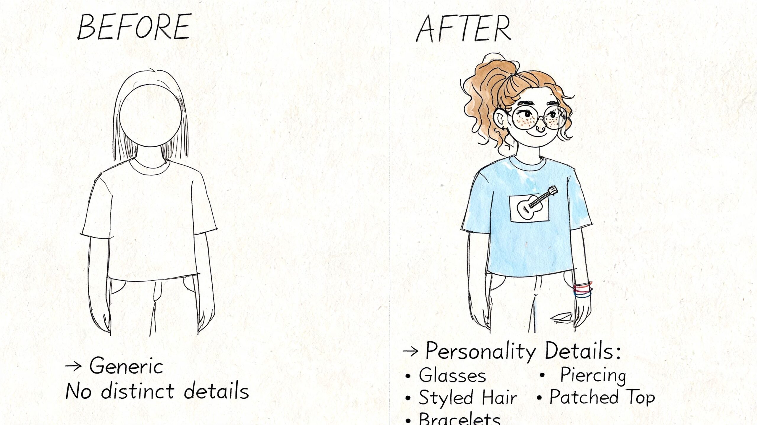 A split image comparison showing a generic character sketch transformed into a detailed, personalized comic book character.
