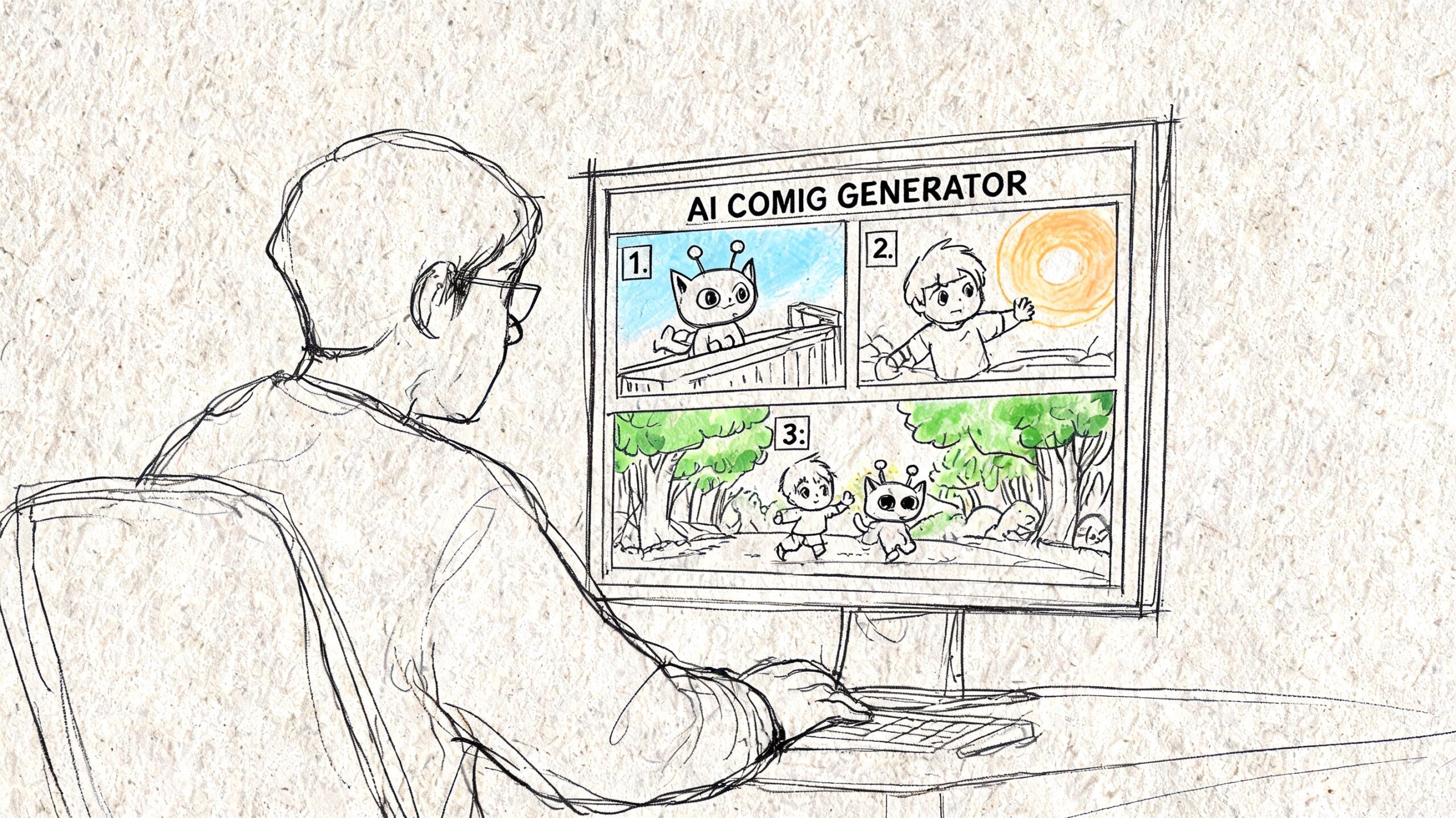 A person drawing a cartoon comic strip featuring a child and an alien character on a computer.