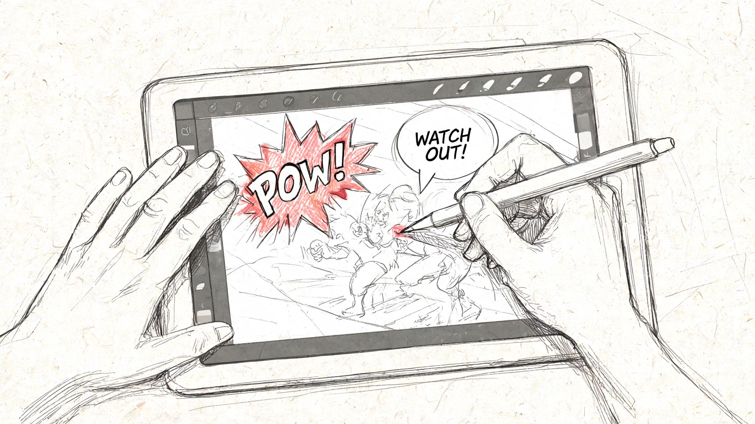 A hand drawing a comic book scene on a digital tablet with a stylus pen.
