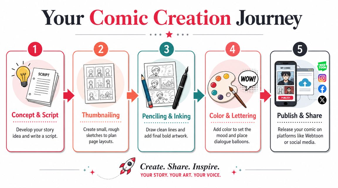 A five-step infographic illustration outlining the process of creating a comic book from concept to publishing.