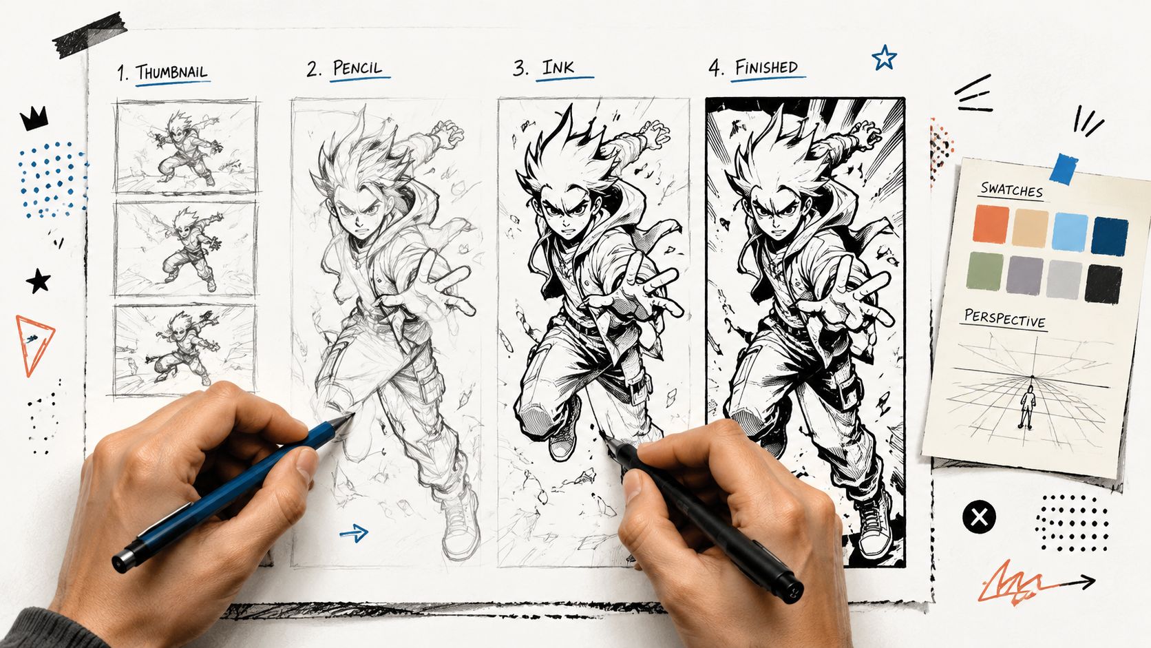 A step-by-step guide showing the process of creating a manga-style comic character from thumbnail to finished art.