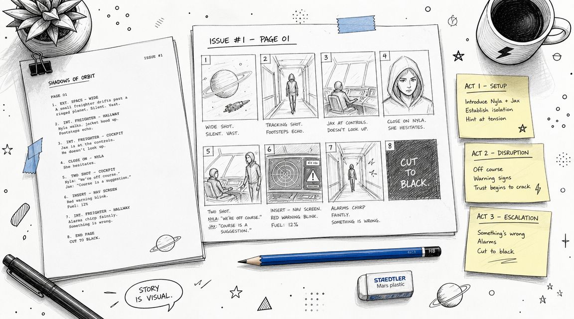 A professional storyboard layout for a comic book including script, panels, and project planning notes on a desk.
