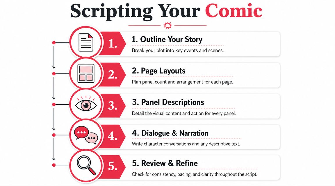 A flowchart showing five steps for scripting a comic book: outline, page layouts, panel descriptions, dialogue, and review.