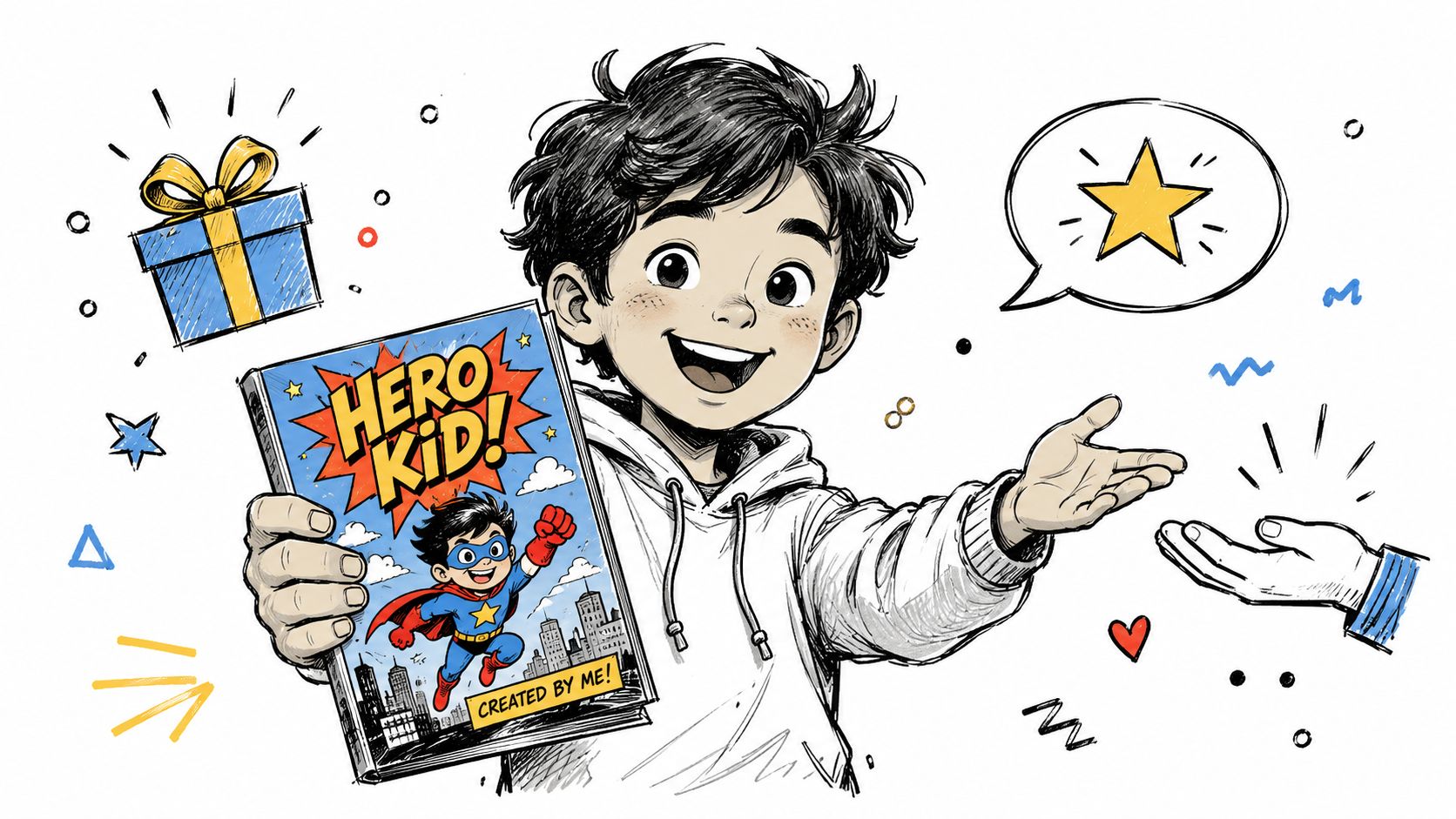 A happy child proudly holding a custom-made superhero comic book titled Hero Kid as a gift.
