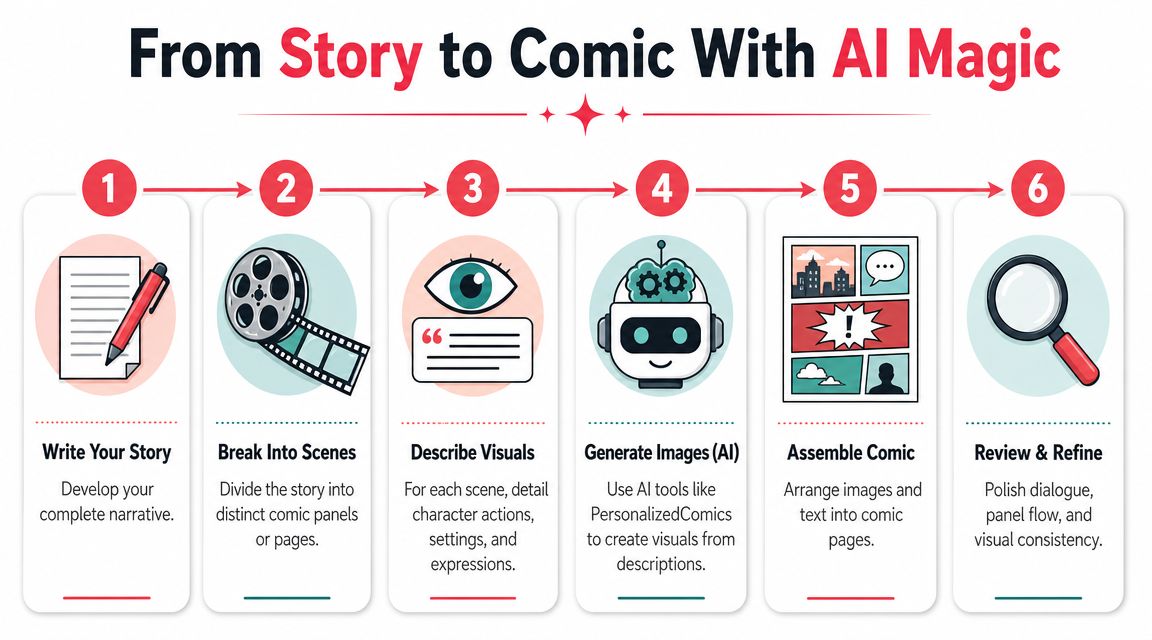 A six-step infographic illustrating the process of turning a written story into a comic using AI tools.