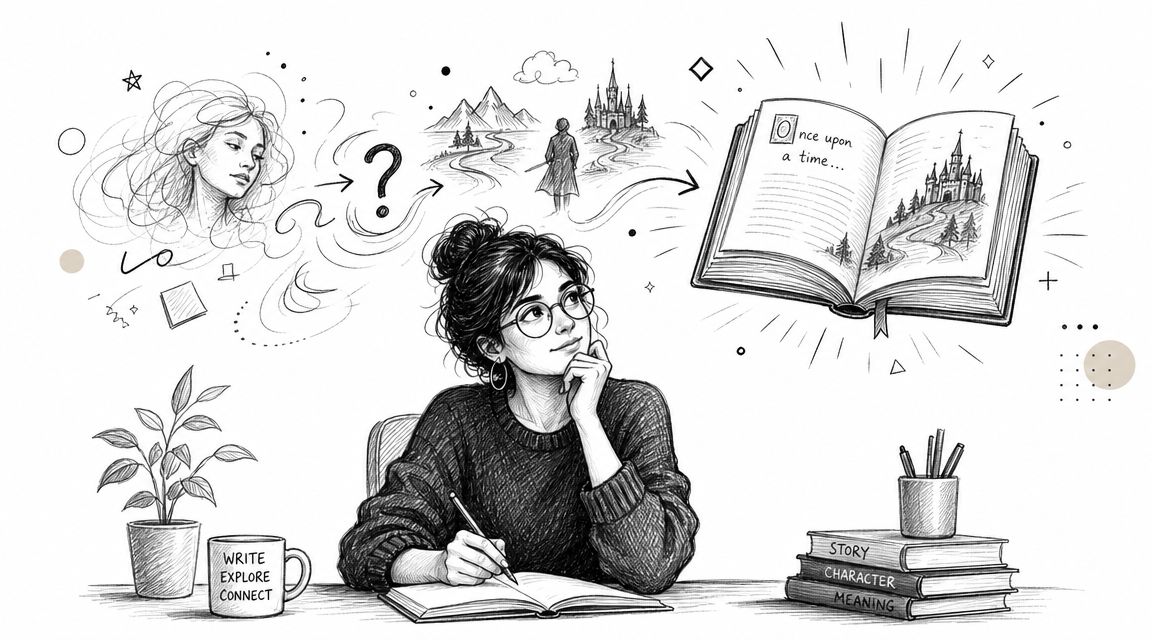 A creative woman sketching and writing in a journal with an illustrated thought bubble of story elements.