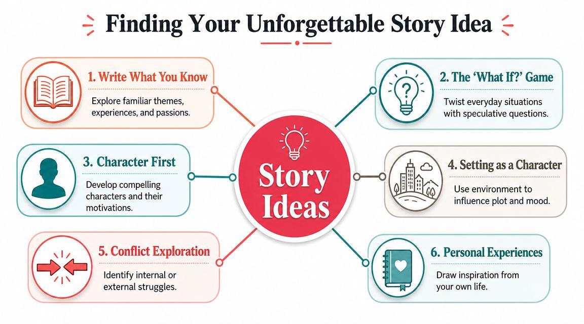 An infographic titled Finding Your Unforgettable Story Idea showing six creative methods for developing new story concepts.