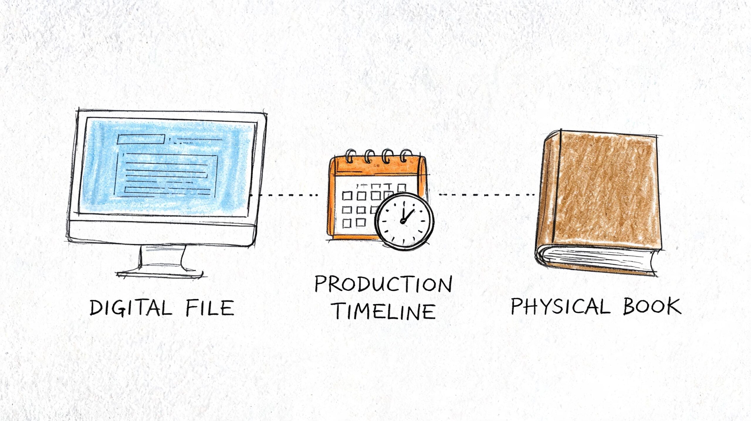 A hand-drawn illustration showing the process from digital file to production timeline to a physical book.