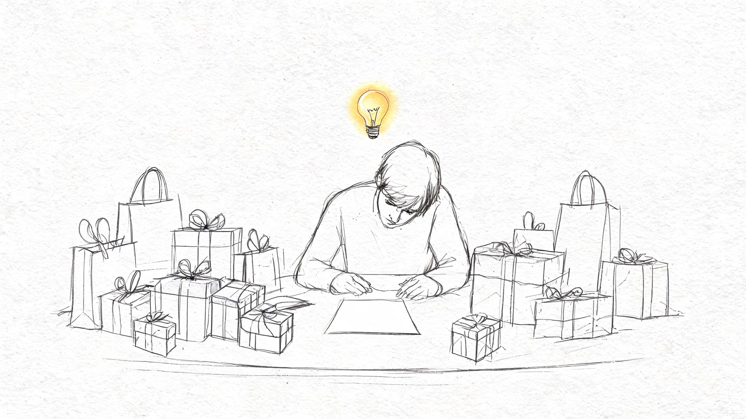A person writing a letter at a desk surrounded by many wrapped gifts and shopping bags.