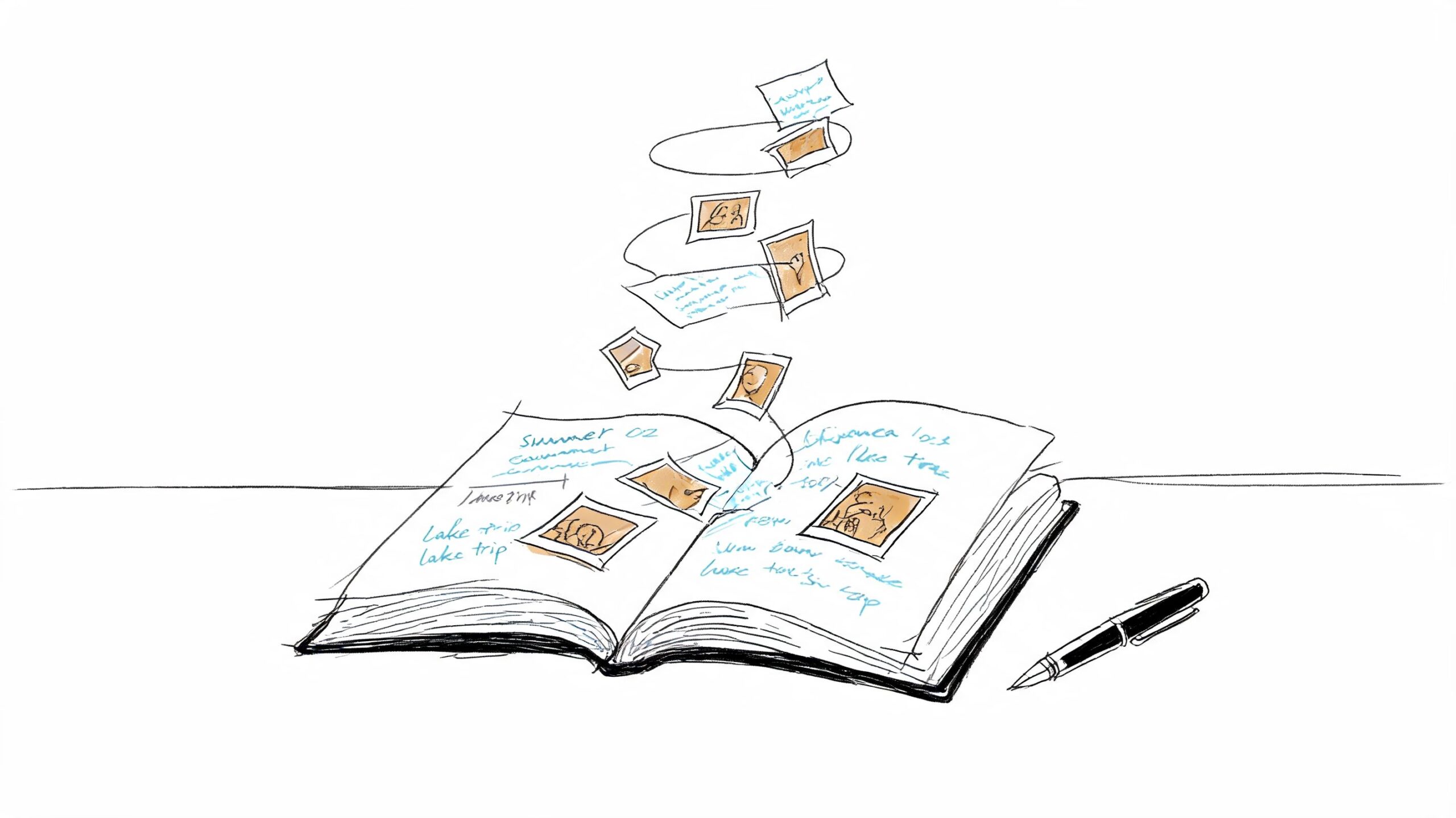 A hand-drawn illustration of an open scrapbook with floating photos and a pen on a table.