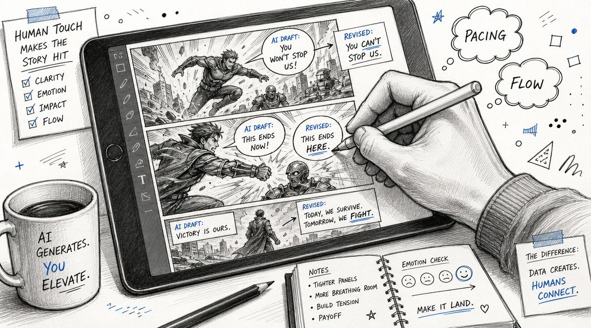 A hand editing an AI-generated comic book panel on a tablet with handwritten notes and coffee.