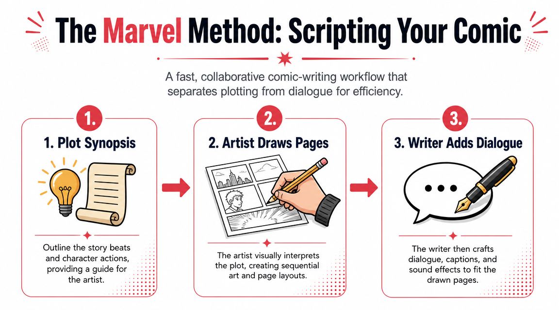 An infographic illustrating the three-step Marvel Method process for creating comic books collaboratively.
