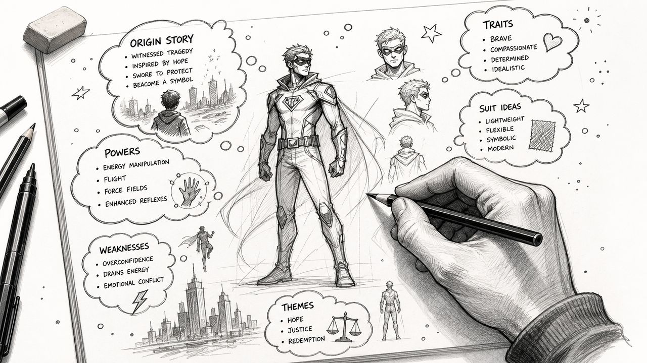 A pencil sketch on paper showing a superhero design with lists of powers, traits, and origin story.