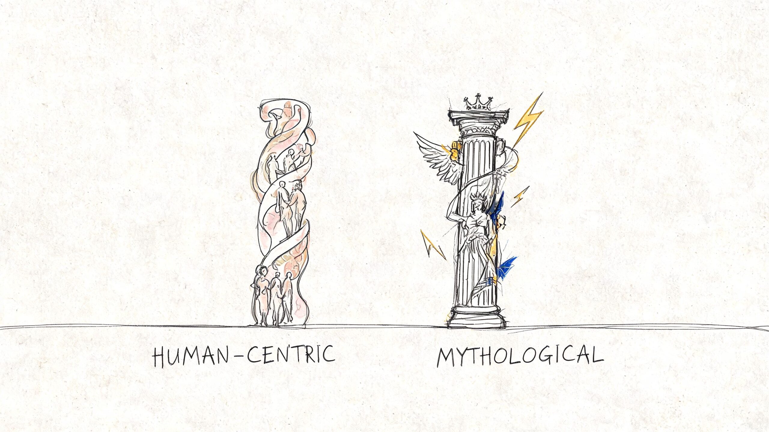 A hand-drawn sketch comparing a human-centric pillar with people and a mythological column with divine symbols.