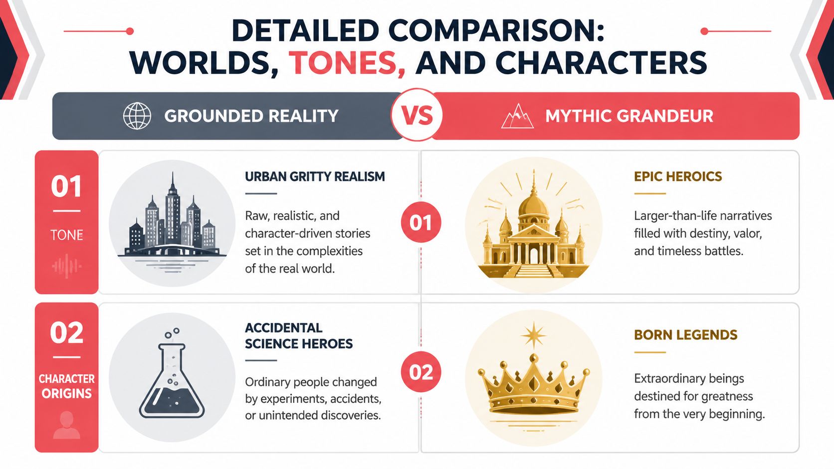 A comparison chart between grounded reality, featuring gritty realism, and mythic grandeur, highlighting epic heroics and legendary characters.