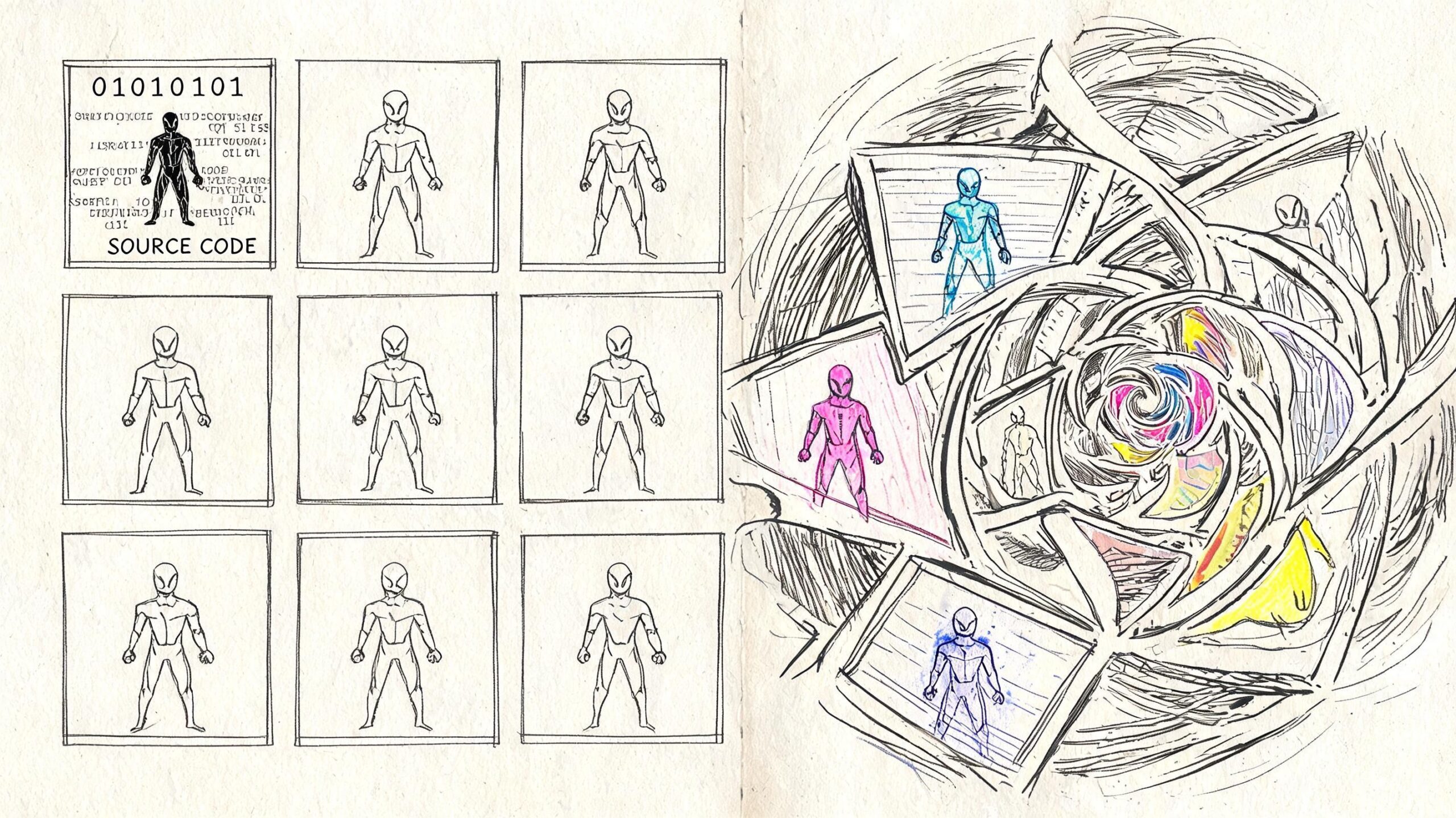 A sketchbook page featuring sketches of humanoid superhero figures and a swirling colorful vortex design.